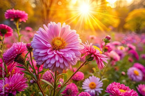 A colorful autumn meadow showcases pink chrysanthemums and asters blooming vibrantly under the warm sunshine, creating a stunning display of seasonal beauty and natural wonder.