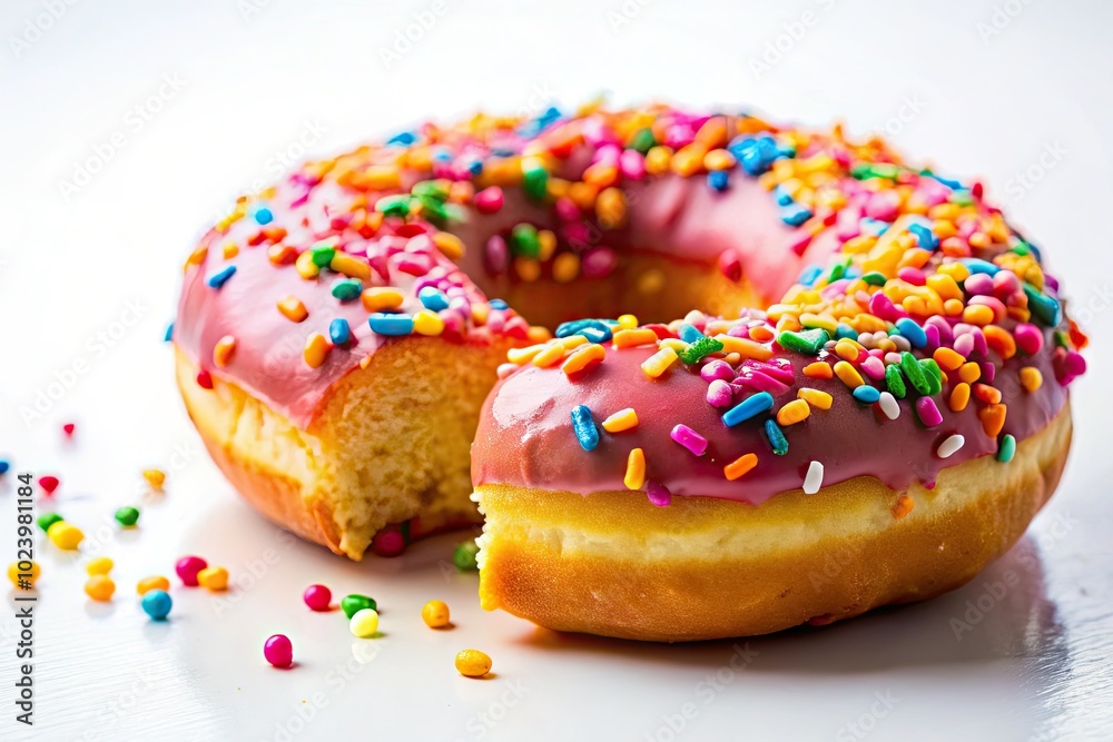 A colorful glazed donut with a substantial bite taken out, showcasing vibrant sprinkles against a crisp white backdrop, offering plenty of room for creative text. A colorful glazed donut with a substantial bite taken out, showcasing vibrant sprinkles against a crisp white backdrop, offering plenty of room for creative text.