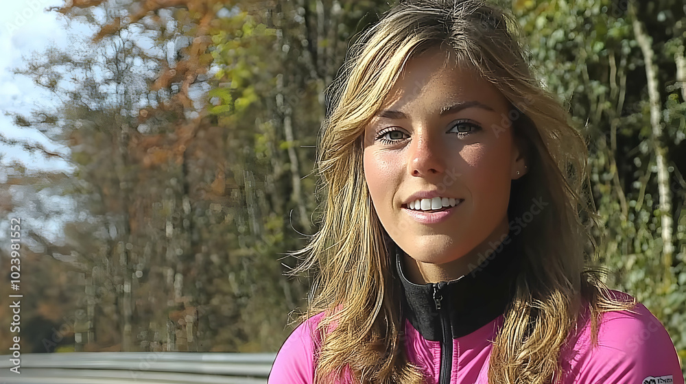 Young woman smiling outdoors in athletic attire, surrounded by nature. Young woman smiling outdoors in athletic attire, surrounded by nature.