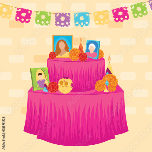 Dia de los Muertos altar with portraits and candles Vector