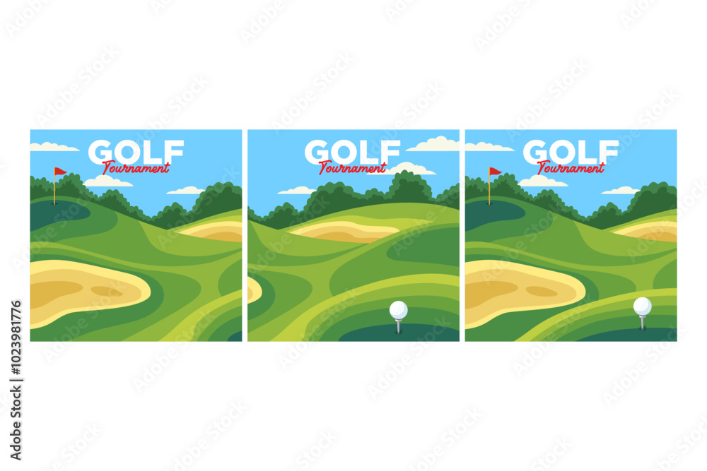 Fototapeta premium golf course with sand trap, ball on tee, hole and flag square background vector illustration collection for golf club sport and tournament banner, poster, wallpaper and social media