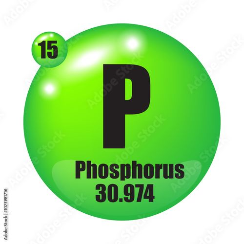 Phosphorus element. Atomic symbol P. Atomic number fifteen. Mass 30.974.
