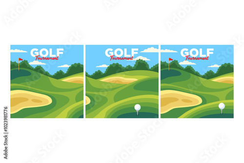 golf course with sand trap, ball on tee, hole and flag square background vector illustration collection for golf club sport and tournament banner, poster, wallpaper and social media