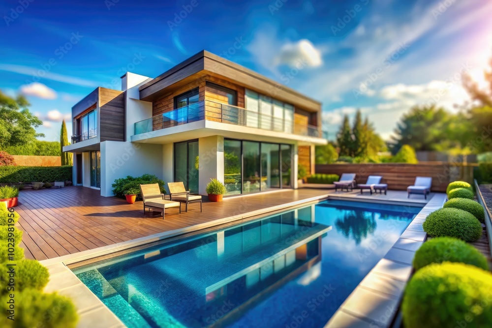 Fototapeta premium A contemporary home showcasing a pristine pool, surrounded by a peaceful atmosphere beneath endless blue skies, perfect for enjoyment and unwinding in nature's embrace.