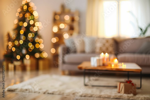 Beautiful blurred interior of a living room decorated for Christmas in warm cozy brown tones. Christmas tree, lights and gifts out of focus. photo