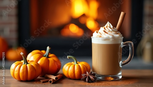 Pumpkin spice latte with whipped cream and cinnamon, pumpkins, star anise, fireplace, fall interiors, thanksgiving