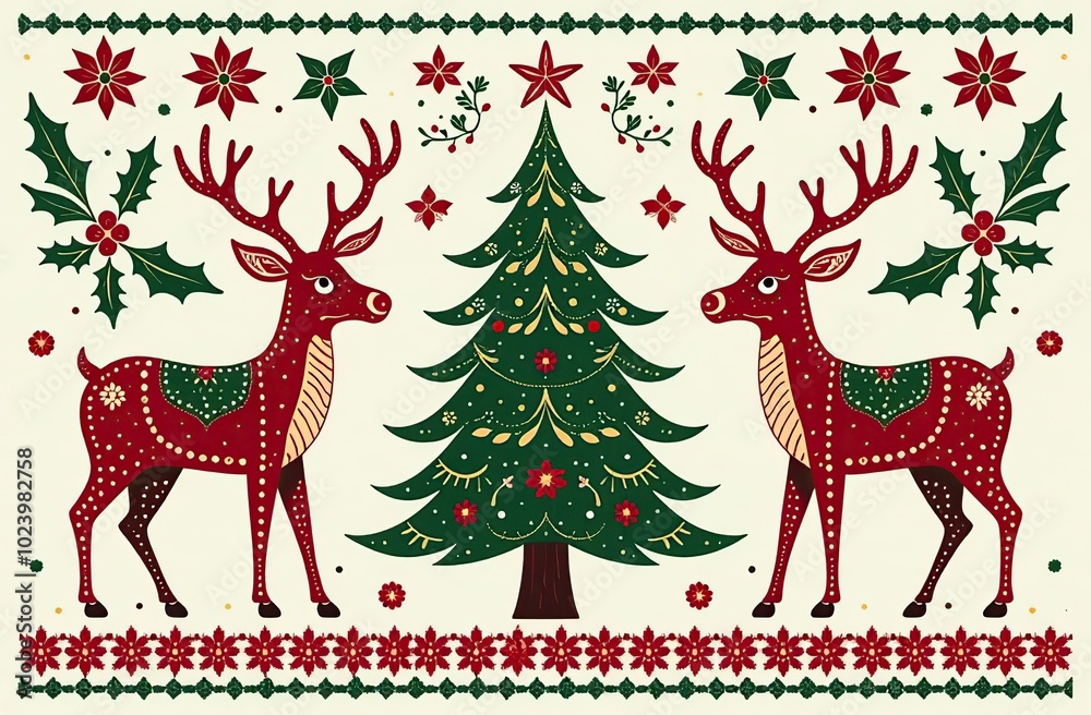 Motif Christmas ethnic handmade beautiful Ikat art. Xmas background. folk embroidery Christmas pattern, Ikat art ornament print. red,green colors. Reindeer, christmas tree,Mistletoe, poinsettia design Motif Christmas ethnic handmade beautiful Ikat art. Xmas background. folk embroidery Christmas pattern, Ikat art ornament print. red,green colors. Reindeer, christmas tree,Mistletoe, poinsettia design