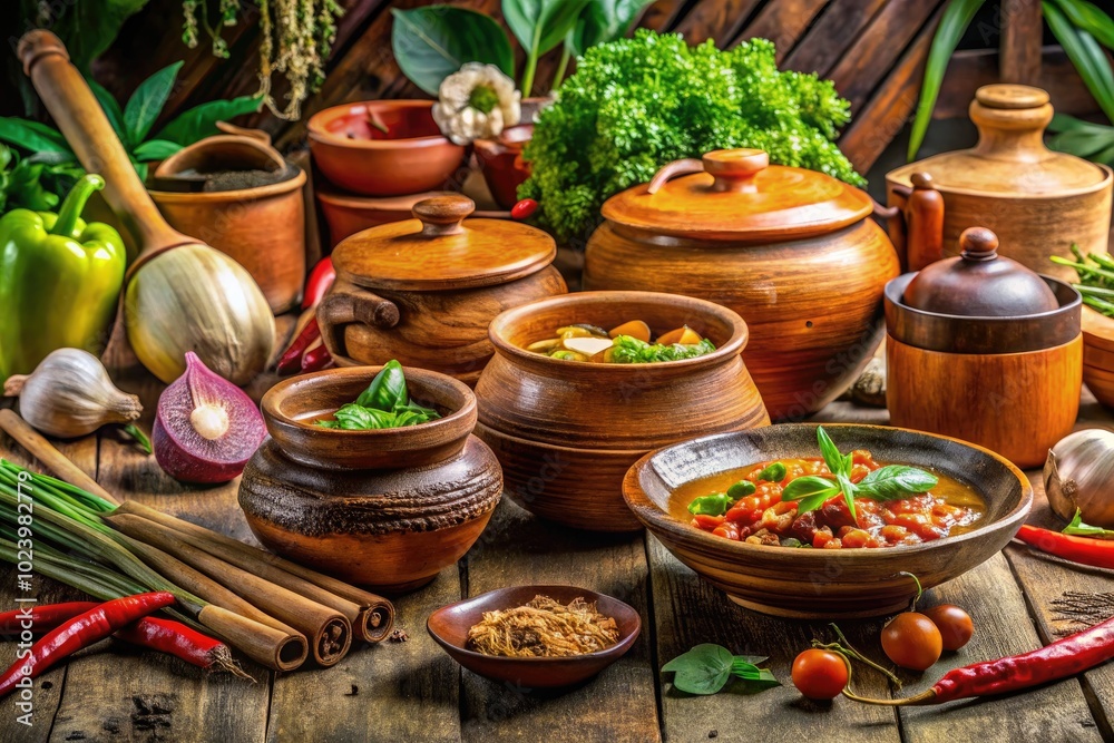 Fototapeta premium A cozy Thai kitchen filled with clay pots, wooden utensils, and fresh ingredients, inviting you to create traditional dishes bursting with rich flavors and aromas.