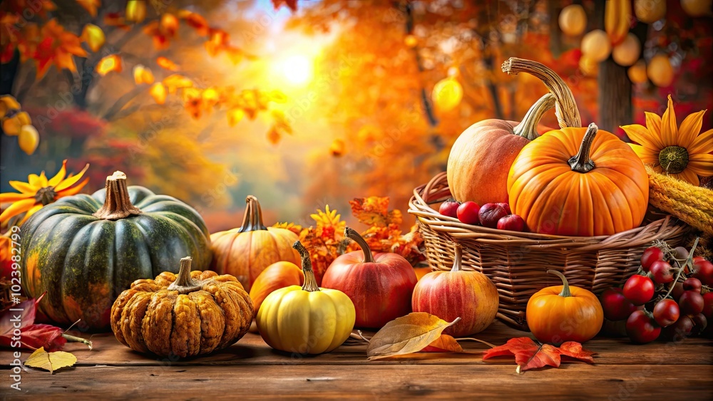 A cozy Thanksgiving scene showcasing an array of colorful autumn pumpkins nestled in a rustic setting, celebrating the warmth of the harvest season.