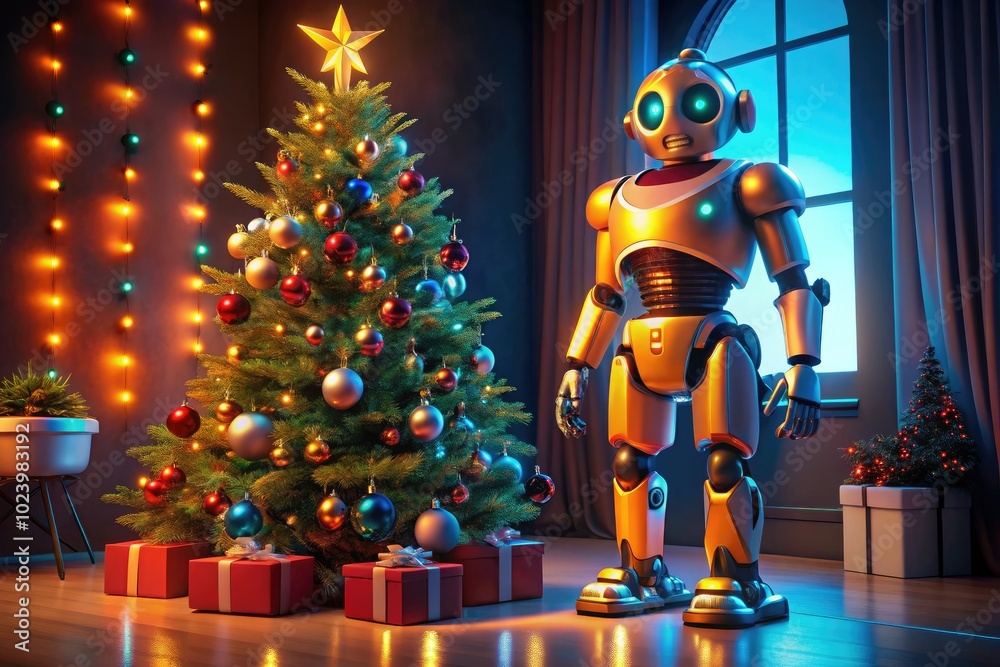 A delightful 3D robot joyfully celebrates 2025 beside a vibrant Christmas tree, merging technology and festive spirit in a heartwarming holiday scene. A delightful 3D robot joyfully celebrates 2025 beside a vibrant Christmas tree, merging technology and festive spirit in a heartwarming holiday scene.
