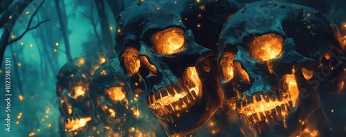 Eerie glowing skulls in a dark forest, creating a haunting atmosphere filled with mystery and intrigue.