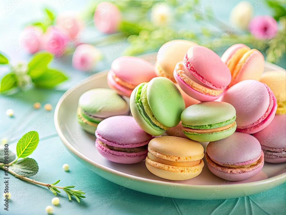 Obraz premium Colorful Pastel Macaroons on a Plate with Copy Space for Desserts and Sweets Promotion