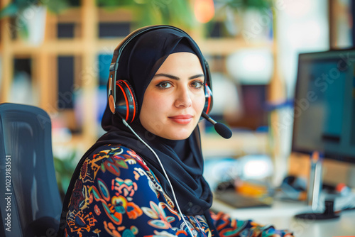 Beautiful phone operator arab woman working in office