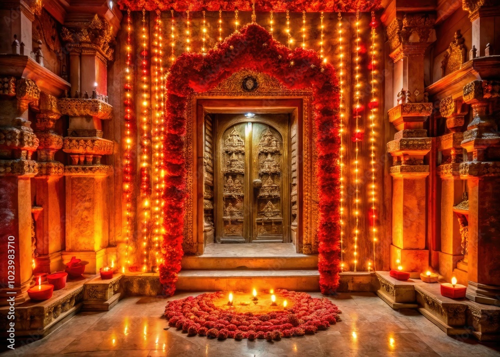 Adorned with vivid red garlands and illuminating diyas, the temple door exudes a peaceful spiritual vibe, welcoming all into a realm of tranquility and contemplation. Adorned with vivid red garlands and illuminating diyas, the temple door exudes a peaceful spiritual vibe, welcoming all into a realm of tranquility and contemplation.