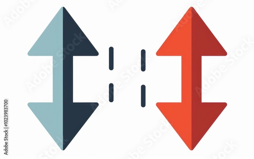 Up and down arrow icons in blue and red. Symbol for growth, decline, direction, and data movement.