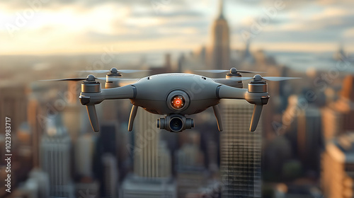 A drone flying over a city ...