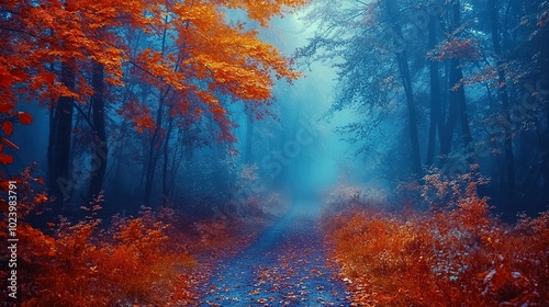 Autumnal Path Through a Misty Forest