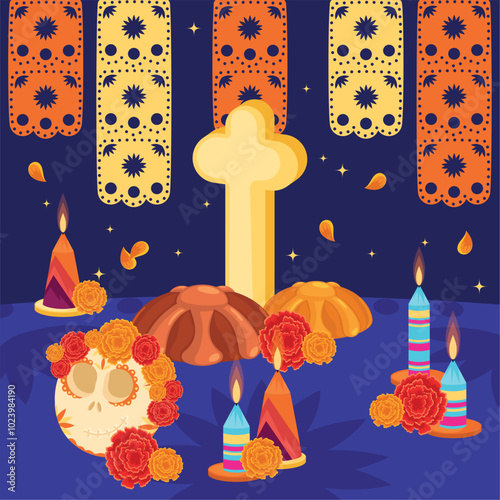 Dia de los Muertos altar with skulls and marigold garlands Vector