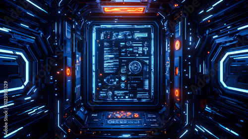 technological panel of a spaceship with screens and buttons, blue and orange, scifi, futuristic, modern, hud design, conceptual