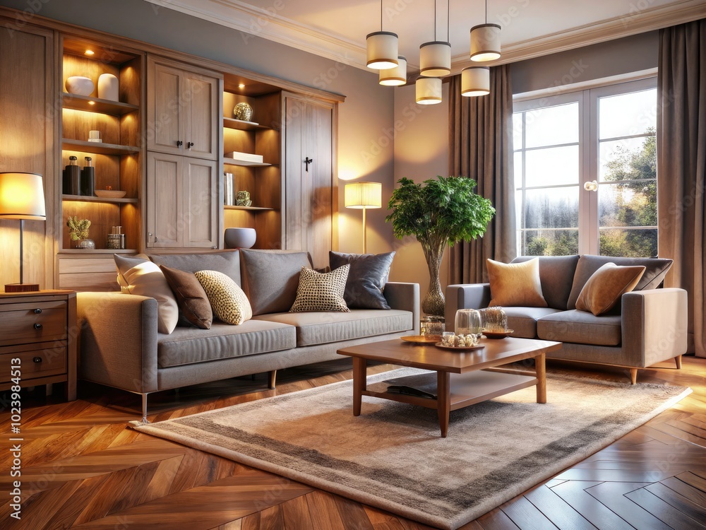 Fototapeta premium Cozy Minimalist Living Room with Soft Focus and Sleek Cabinet Design for Modern Interiors