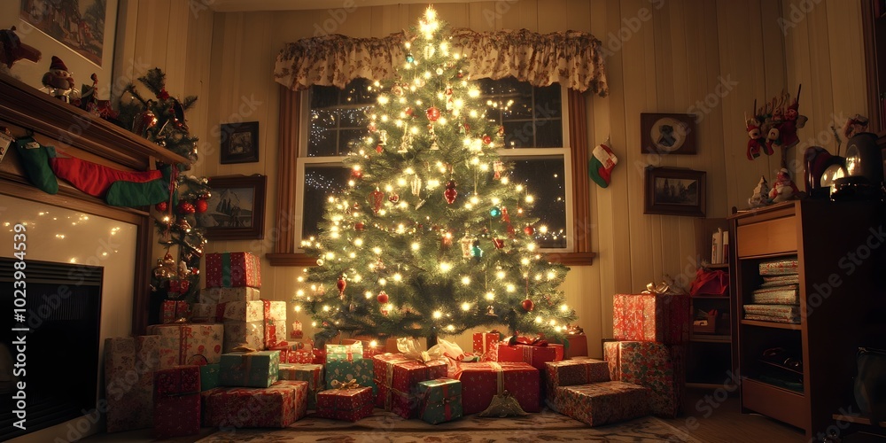 Christmas tree with lights and presents Christmas tree with lights and presents