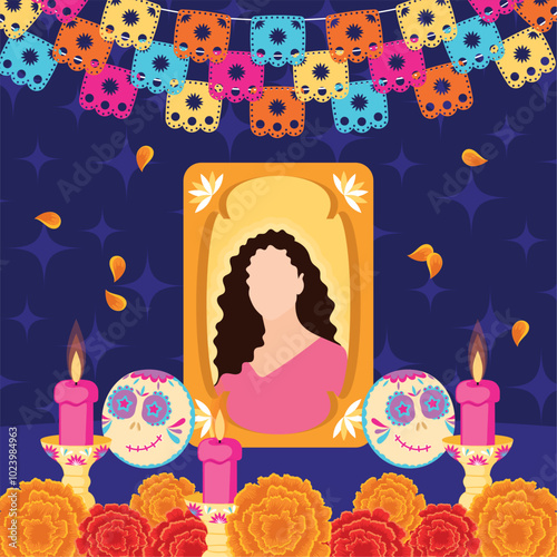 Dia de los Muertos altar with colorful candles and sugar skulls Vector