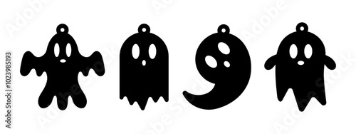 Vector Halloween designs of earrings, pendant or keychain with ghost shape. Jewelry silhouette cut template. Laser cutting with leather, wood or metal. Hanging bijouterie