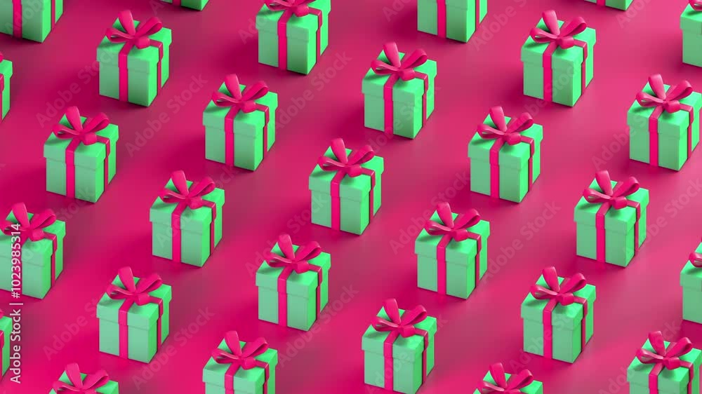 Gift boxes pattern 3d render animation. Isometric gifts Backdrop Seamless loop.