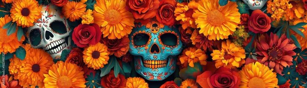 Colorful skulls surrounded by vibrant flowers, celebrating life and death in a beautiful, artistic composition. Colorful skulls surrounded by vibrant flowers, celebrating life and death in a beautiful, artistic composition.