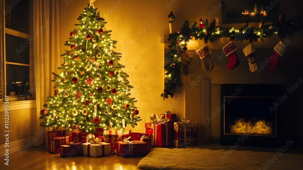 Christmas tree with lights and presents Christmas tree with lights and presents