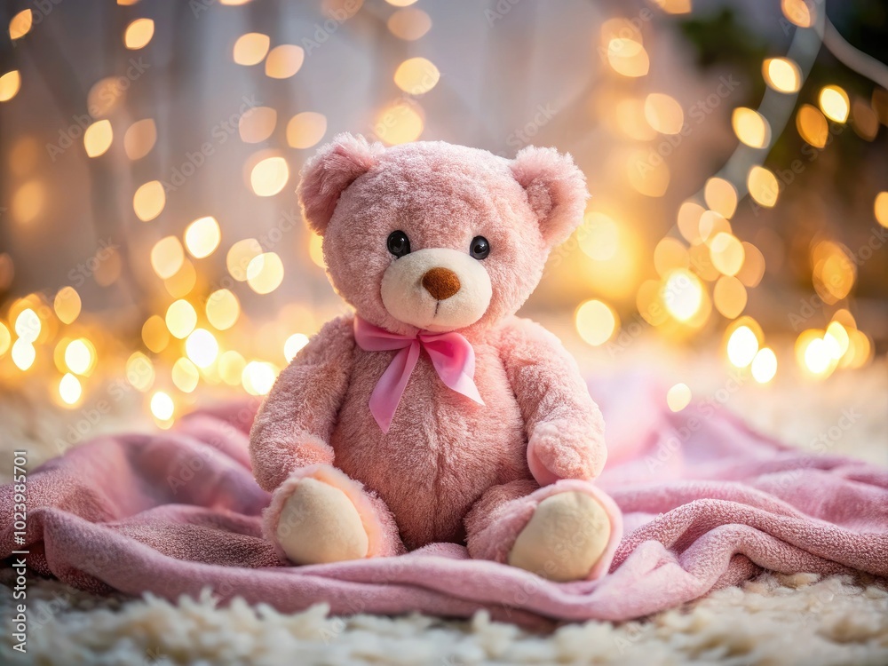 Soft and Adorable Pink Teddy Bear Sitting on a Cozy Blanket with a Heartwarming Background Scene Soft and Adorable Pink Teddy Bear Sitting on a Cozy Blanket with a Heartwarming Background Scene