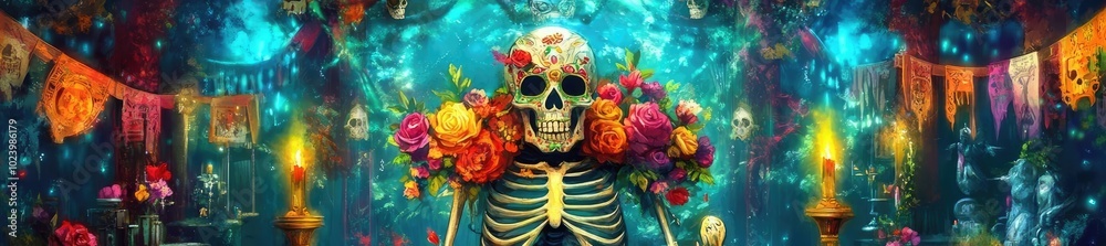 A vibrant skeleton surrounded by colorful flowers and candles, set in a mystical atmosphere celebrating life and death. A vibrant skeleton surrounded by colorful flowers and candles, set in a mystical atmosphere celebrating life and death.