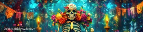 A vibrant skeleton surrounded by colorful flowers and candles, set in a mystical atmosphere celebrating life and death.