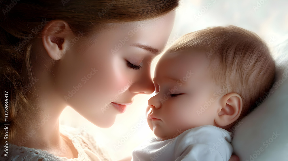 A tender moment between a mother and her sleeping baby. A tender moment between a mother and her sleeping baby.