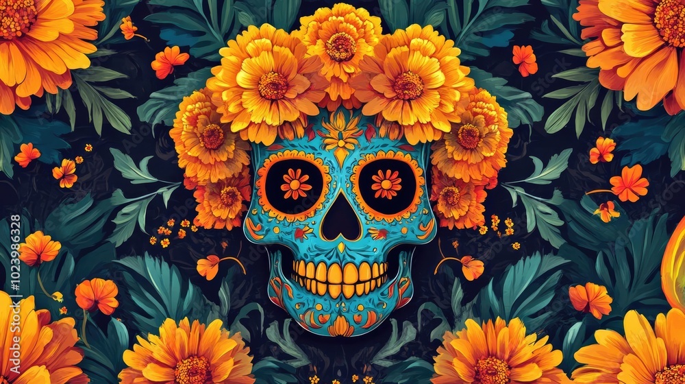 Vibrant skull decoration with marigold flowers, embodying Mexican culture and celebrating life and death in colorful art. Vibrant skull decoration with marigold flowers, embodying Mexican culture and celebrating life and death in colorful art.
