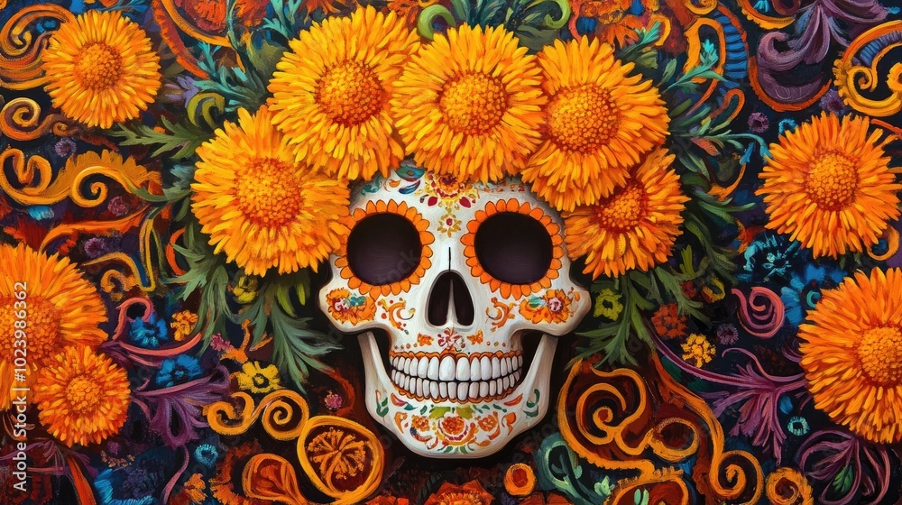 Vibrant decorative skull surrounded by bright orange flowers and intricate patterns, embodying cultural celebration and artistry. Vibrant decorative skull surrounded by bright orange flowers and intricate patterns, embodying cultural celebration and artistry.