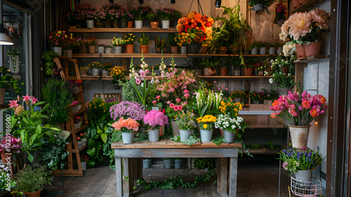 Flower Shop Filled with Colorful Blooms and Greenery 