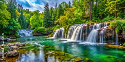Stunning vistas of Big Springs in Manistique, Michigan, enveloped by vibrant greenery and a serene waterfall, create a tranquil and picturesque natural escape.