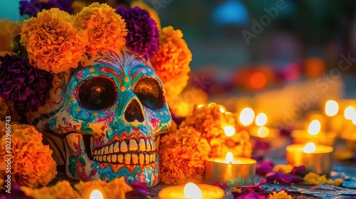 A vibrant sugar skull adorned with marigolds, surrounded by candles, celebrating the Day of the Dead with vivid colors.