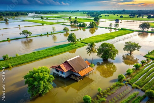 Aerial View of Flooded Rice Fields and Homes in Sakonnakhon, Thailand - Minimalist Photography photo