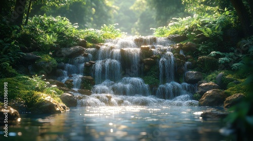 A serene waterfall cascades down moss-covered rocks into a tranquil pool, surrounded by lush greenery and bathed in soft sunlight.