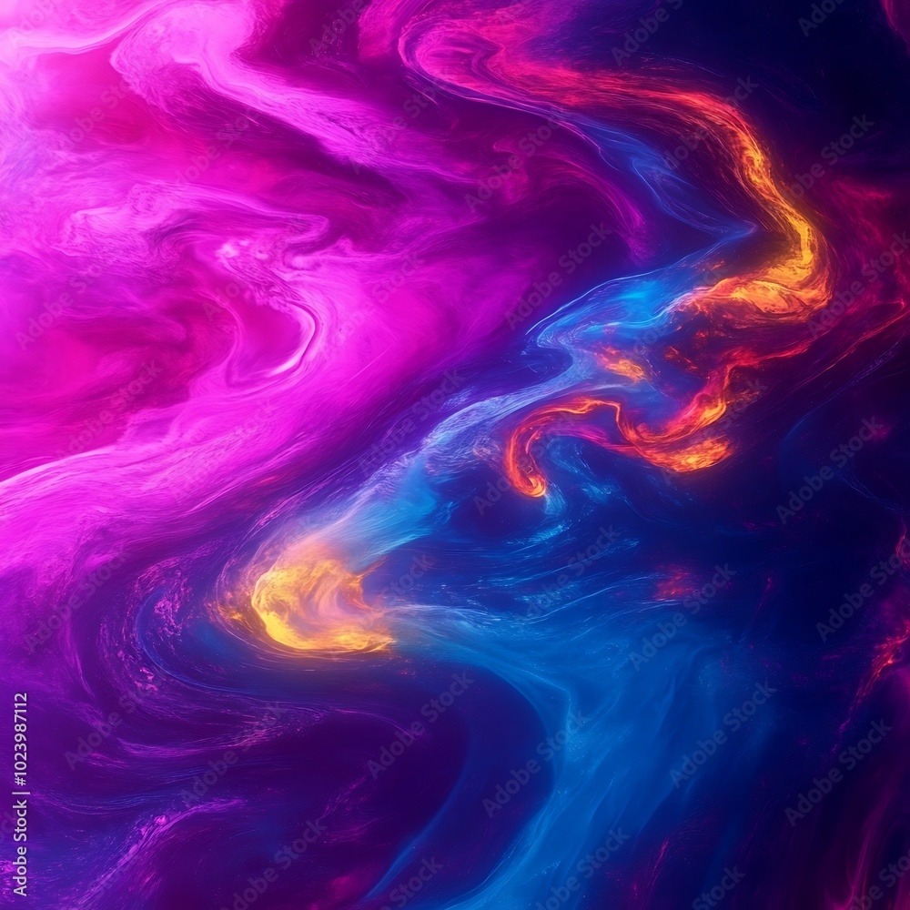 A vibrant abstract swirl of pink, purple, and blue colors resembling cosmic elements.