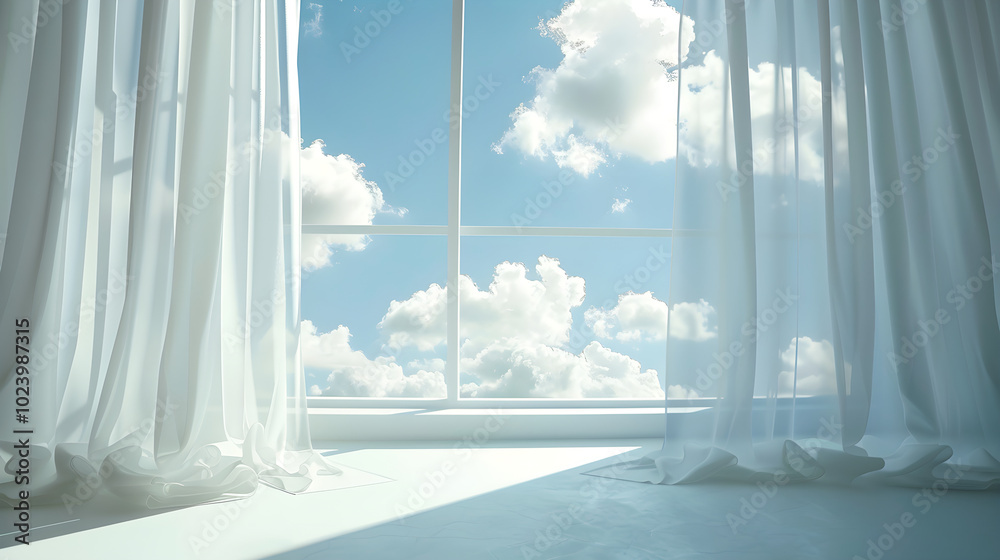 Sunlit Window with Soft White Curtains and Clear Blue Sky View Sunlit Window with Soft White Curtains and Clear Blue Sky View