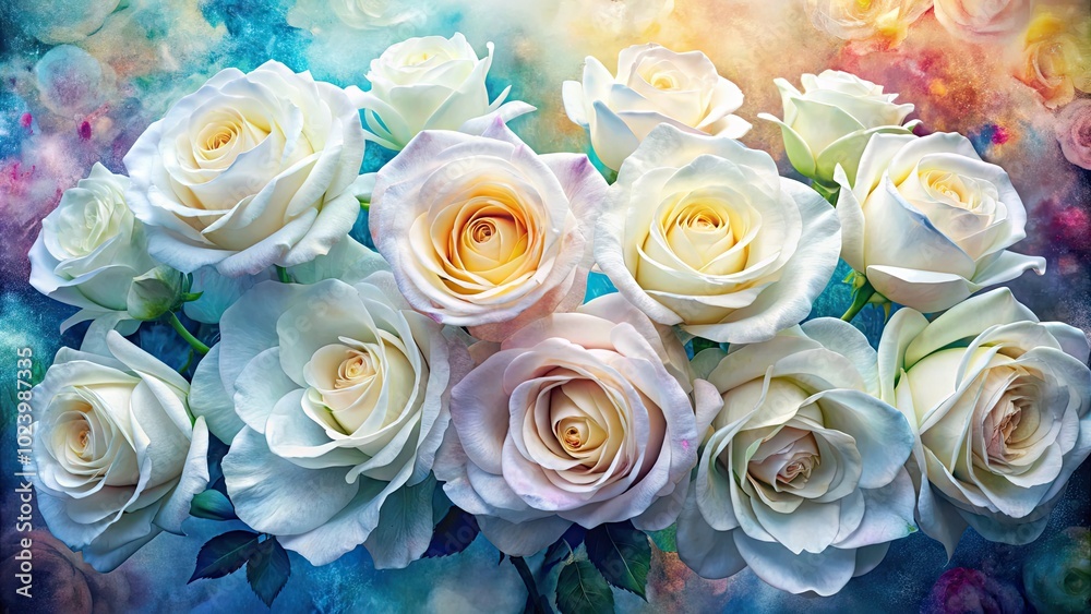 Aerial View of White Roses Against a Vibrant Watercolor Background for Stunning Floral Art Aerial View of White Roses Against a Vibrant Watercolor Background for Stunning Floral Art