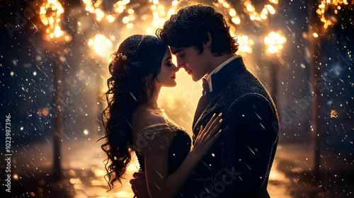 A romantic couple embraces ...