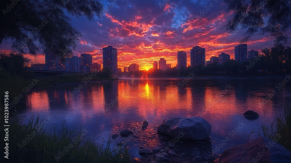 Vibrant sunset sky over a city skyline reflected in a calm river with a foreground of rocks and grass. Vibrant sunset sky over a city skyline reflected in a calm river with a foreground of rocks and grass.