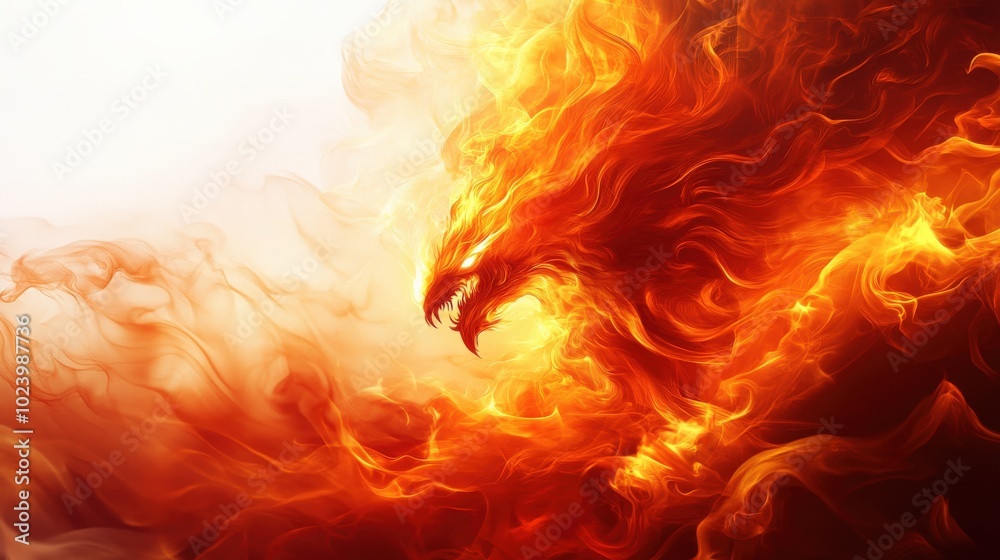 Fototapeta premium Fiery phoenix rising, symbolizing transformation and renewal, vibrant orange and red flames.
