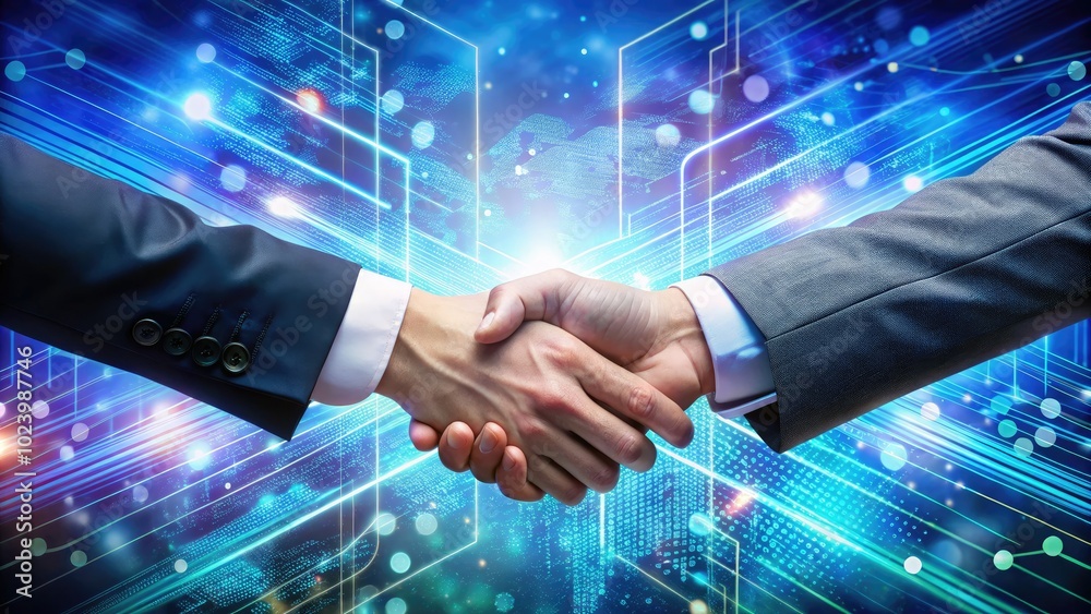 A handshake amidst intertwined circuits showcases the synergy of collaboration, embodying trust and partnership in today’s dynamic technological business environment. A handshake amidst intertwined circuits showcases the synergy of collaboration, embodying trust and partnership in today’s dynamic technological business environment.