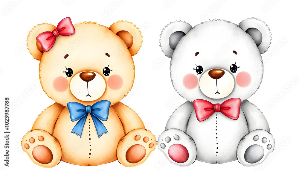 Obraz premium Cute Teddy Bear set. Watercolor cartoon animals. Hand drawn illustration lady and gentleman isolated with white highlights, png