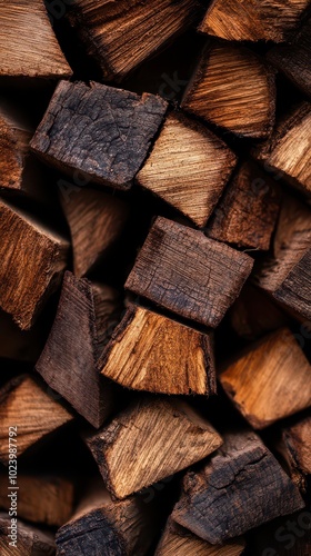 A close-up of stacked firewood pieces in various shades of brown, perfect for backgrounds or rustic themes. photo